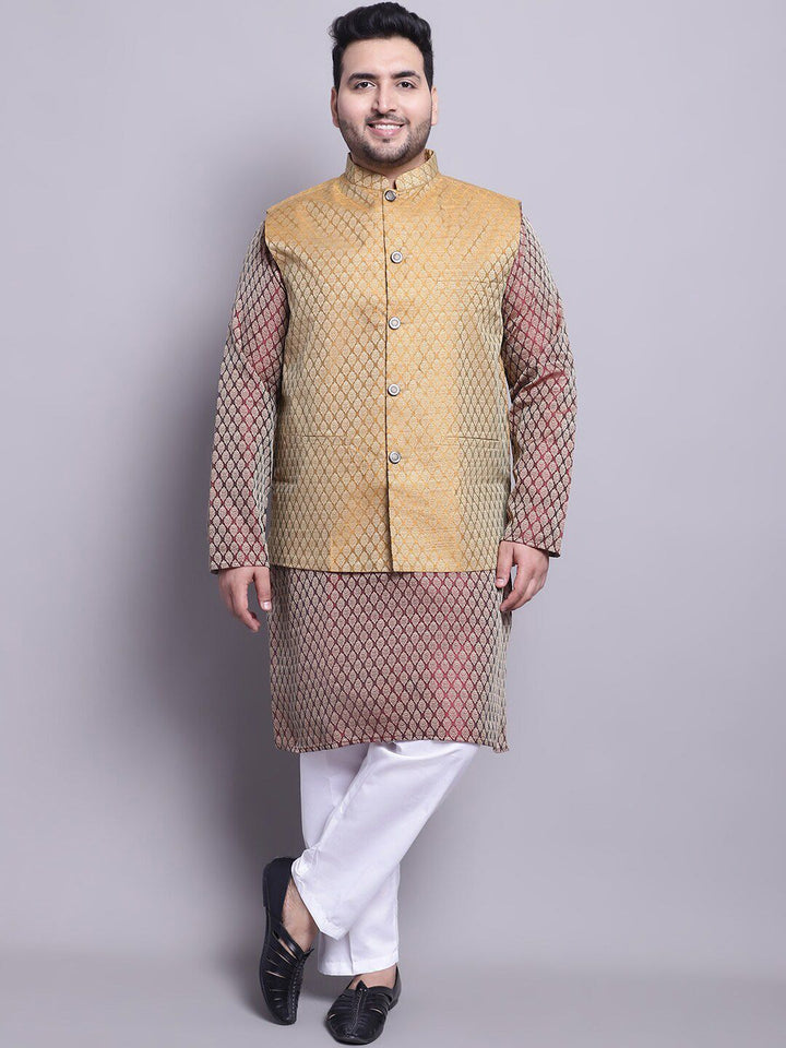 SOJANYA PLUS Rekaan Tenun Etnik Kurta & Piyama Lurus Biasa Dengan Jaket Nehru