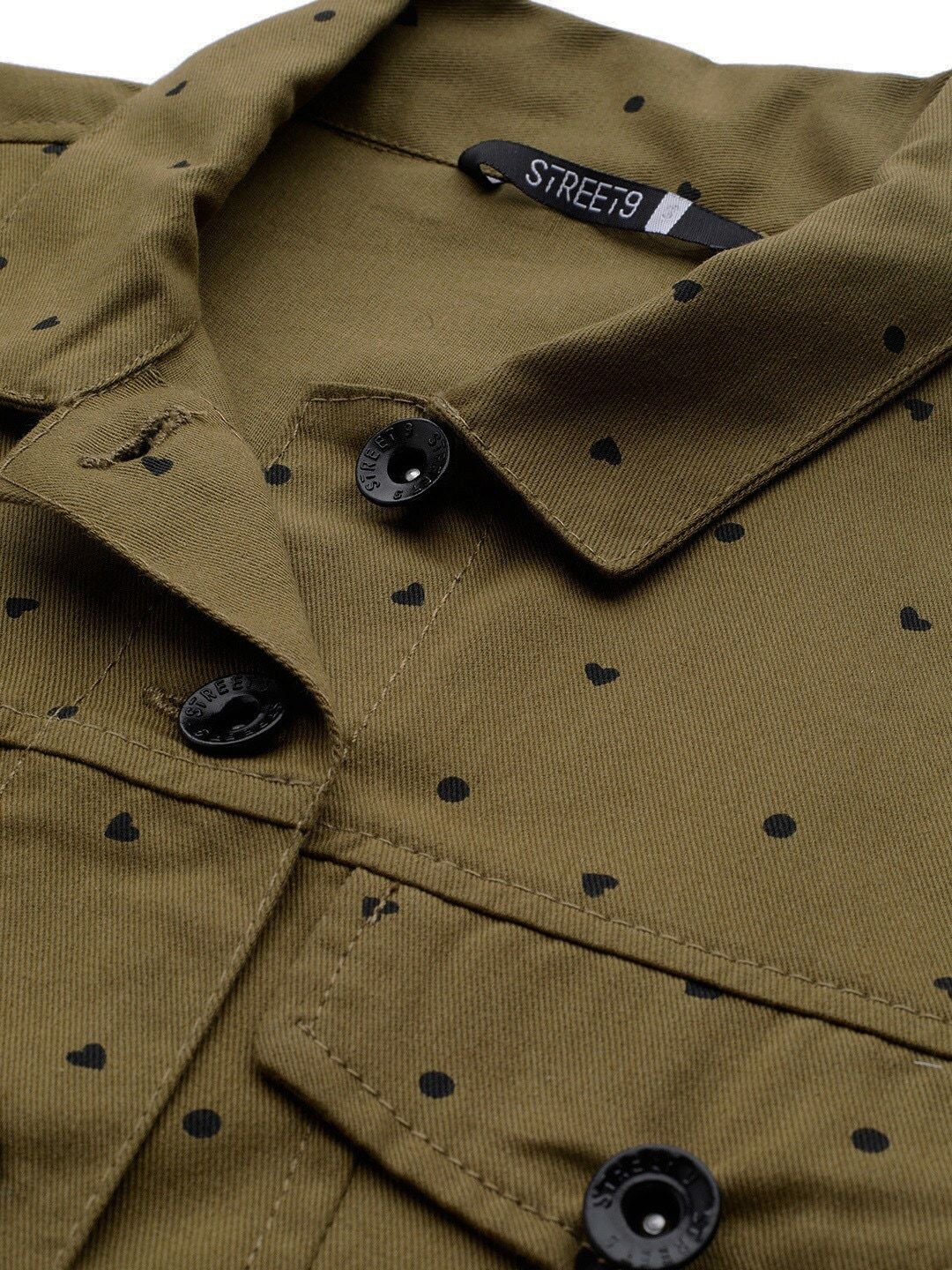 Street 9 Wanita Olive Hijau & Hitam Bercetak Jaket Denim Tanaman Cotton Lightweight