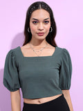 Tokyo Talkies Green Square Neck Puffed Sleeves Crop Top