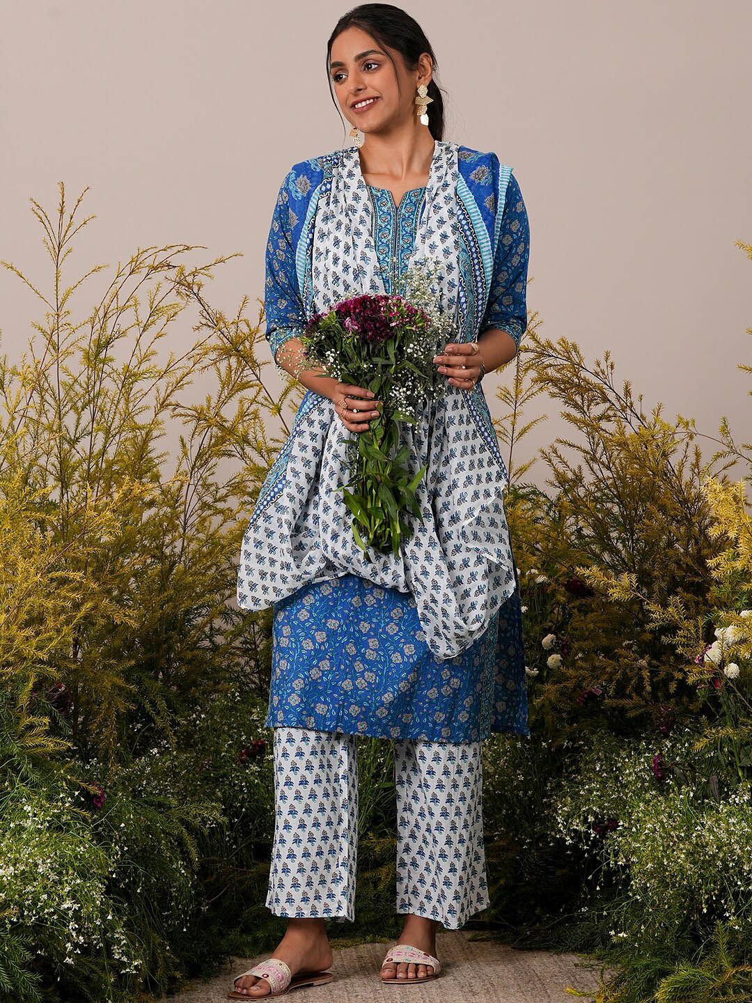 Libas Floral Printed Regular Gotta Patti Pure Cotton Kurta with Palazzos & Dupatta