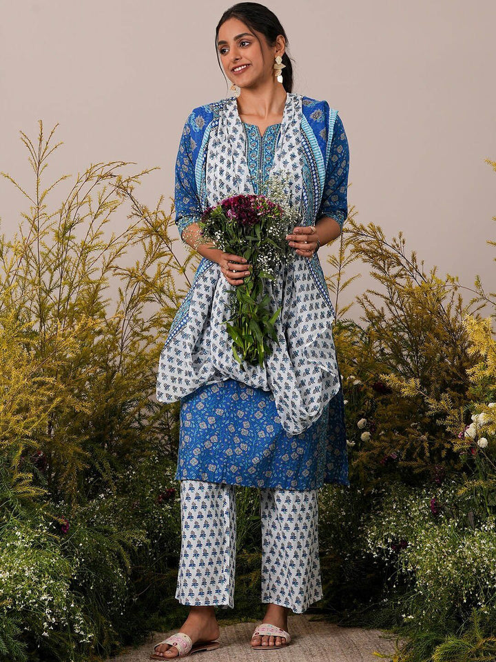 Libas Floral Printed Regular Gotta Patti Pure Cotton Kurta with Palazzos & Dupatta