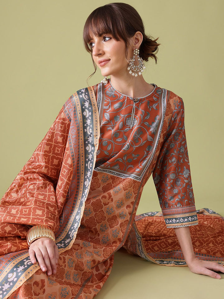 Anouk Indie Floral Printed Keyhole Neck Kurta with Palazzos & Dupatta