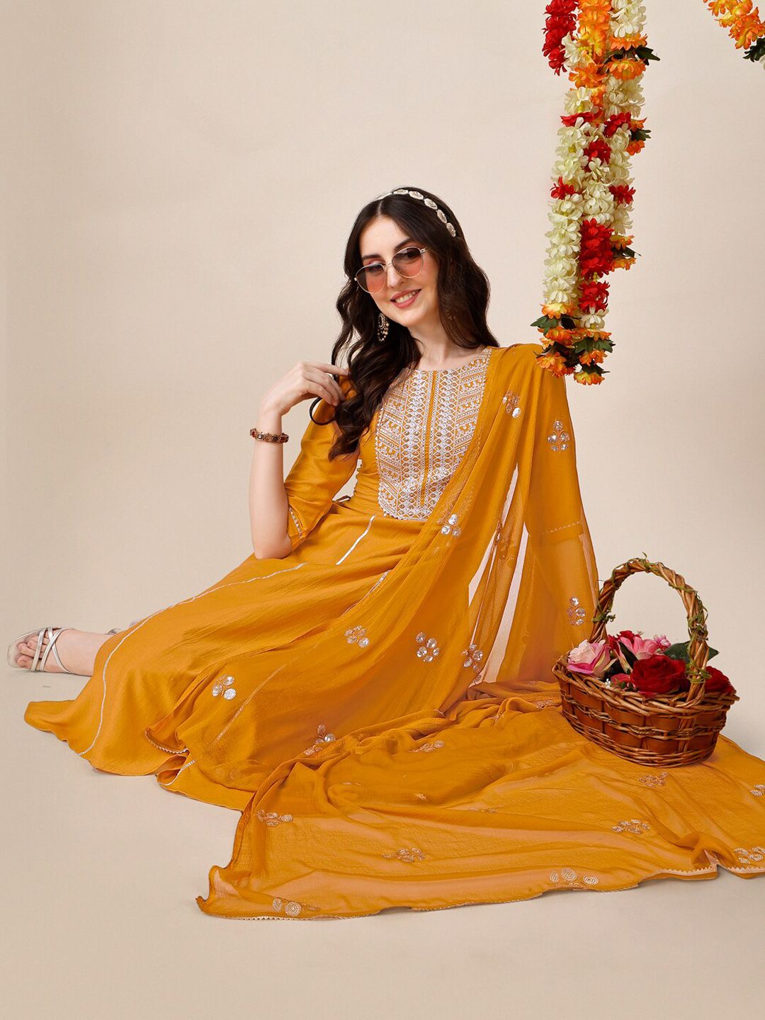KALINI Ethnic Motifs Embroidered Sequinned A-Line Kurta With Palazzos & Dupatta