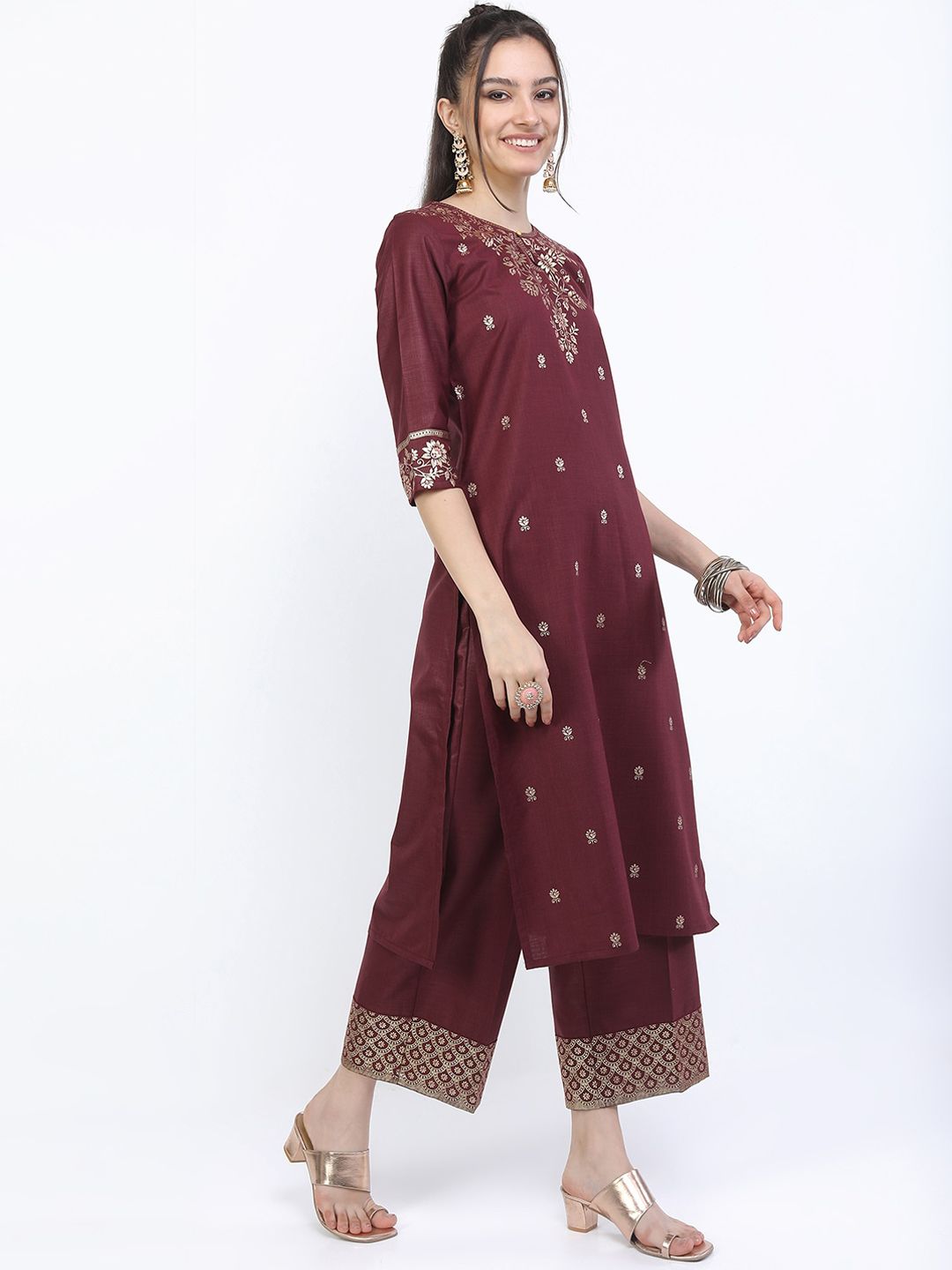 Vishudh Women Burgundy Kurta with Trousers & With Dupatta