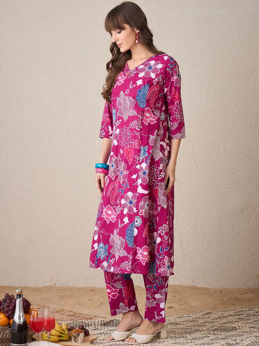 Indo Era Women Floral Printed Regular Pure Cotton Kurta with Trousers