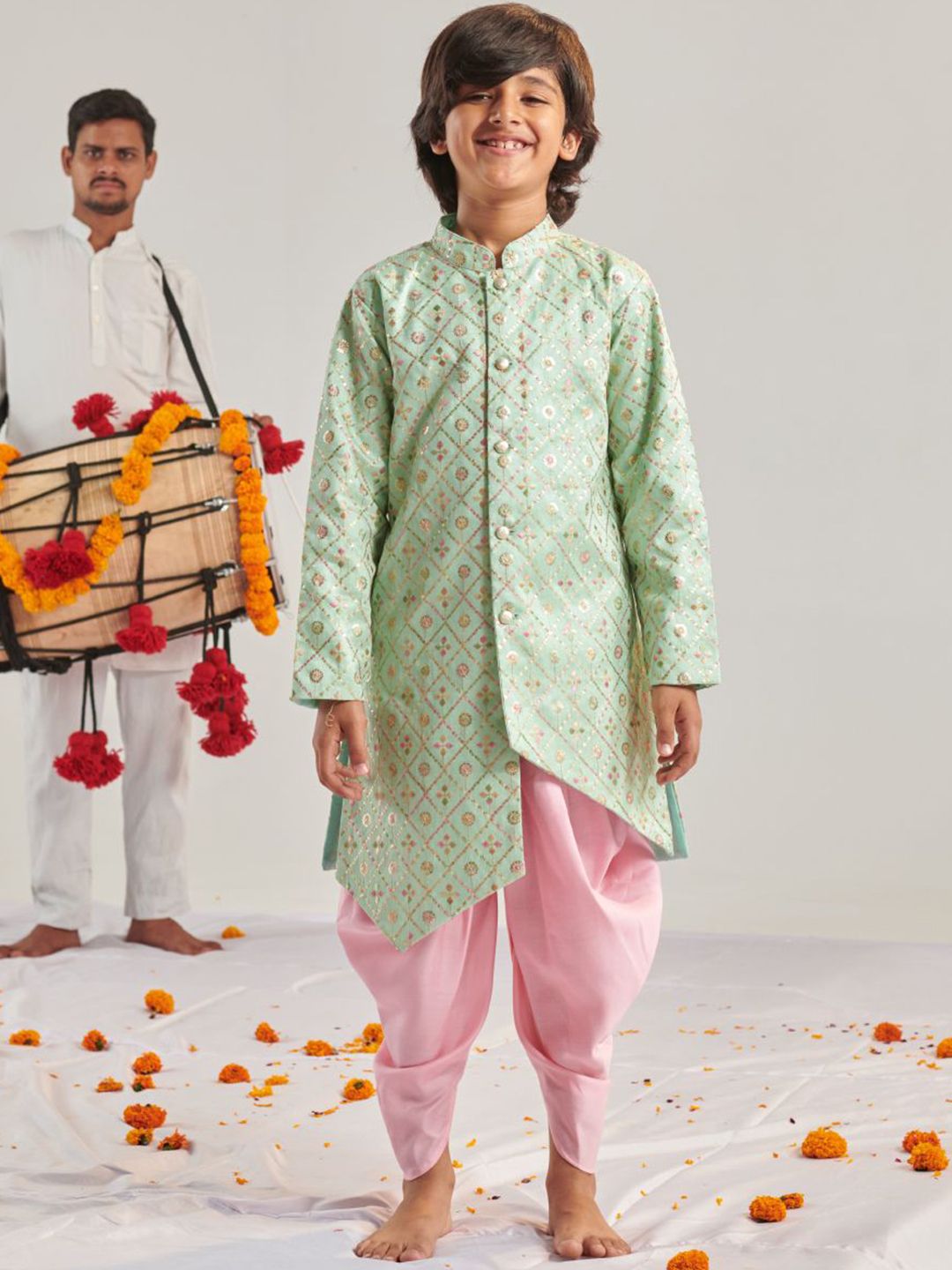 pspeaches Boys Ethnic Motifs Embroidered Regular Thread Work Kurta with Dhoti Pants