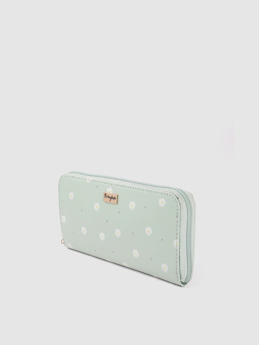 Berrylush Women Green Floral Printed Zip Detail Zip Around Wallet