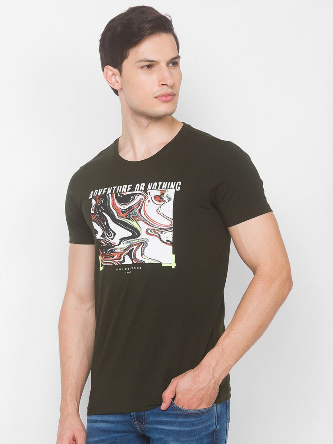 SPYKAR Men Green Printed Applique Slim Fit T-shirt