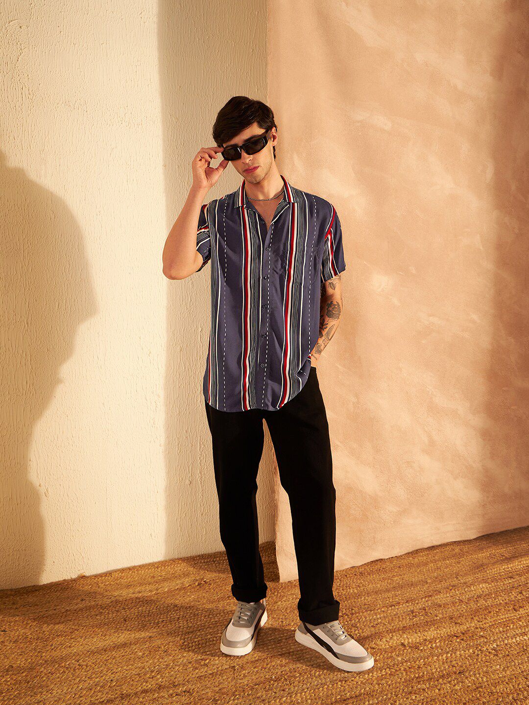 DENNISON Smart Vertical Stripeed Cuban Collar Oversized Casual Shirt