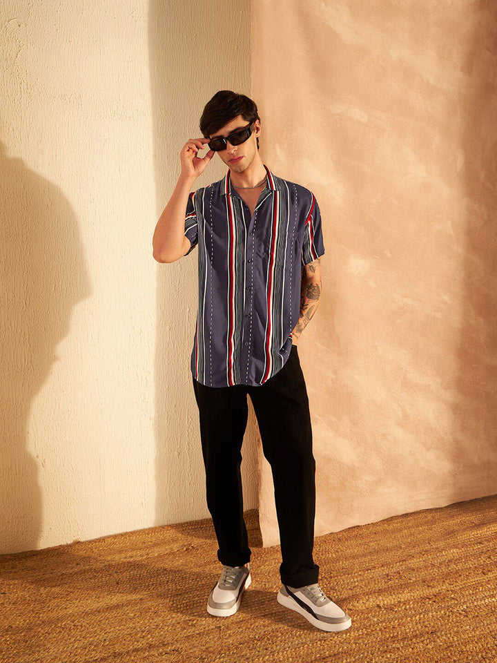 DENNISON Smart Vertical Stripeed Cuban Collar Oversized Casual Shirt