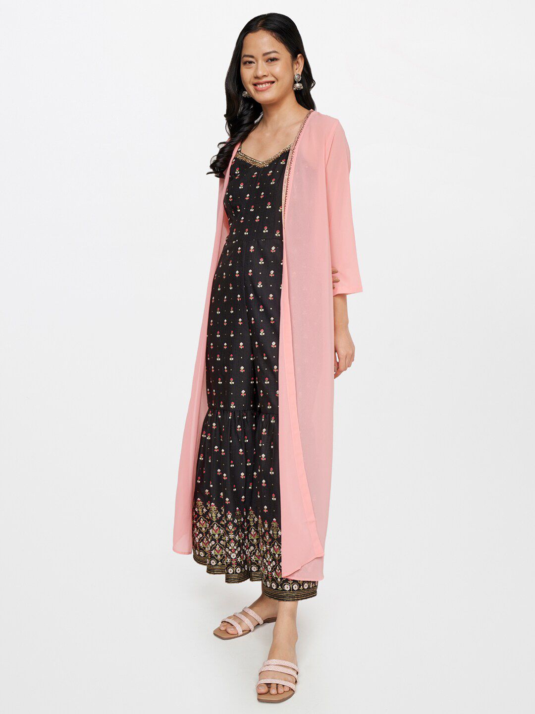 Global Desi Women Peach-Coloured & Gold-Toned Longline Shrug