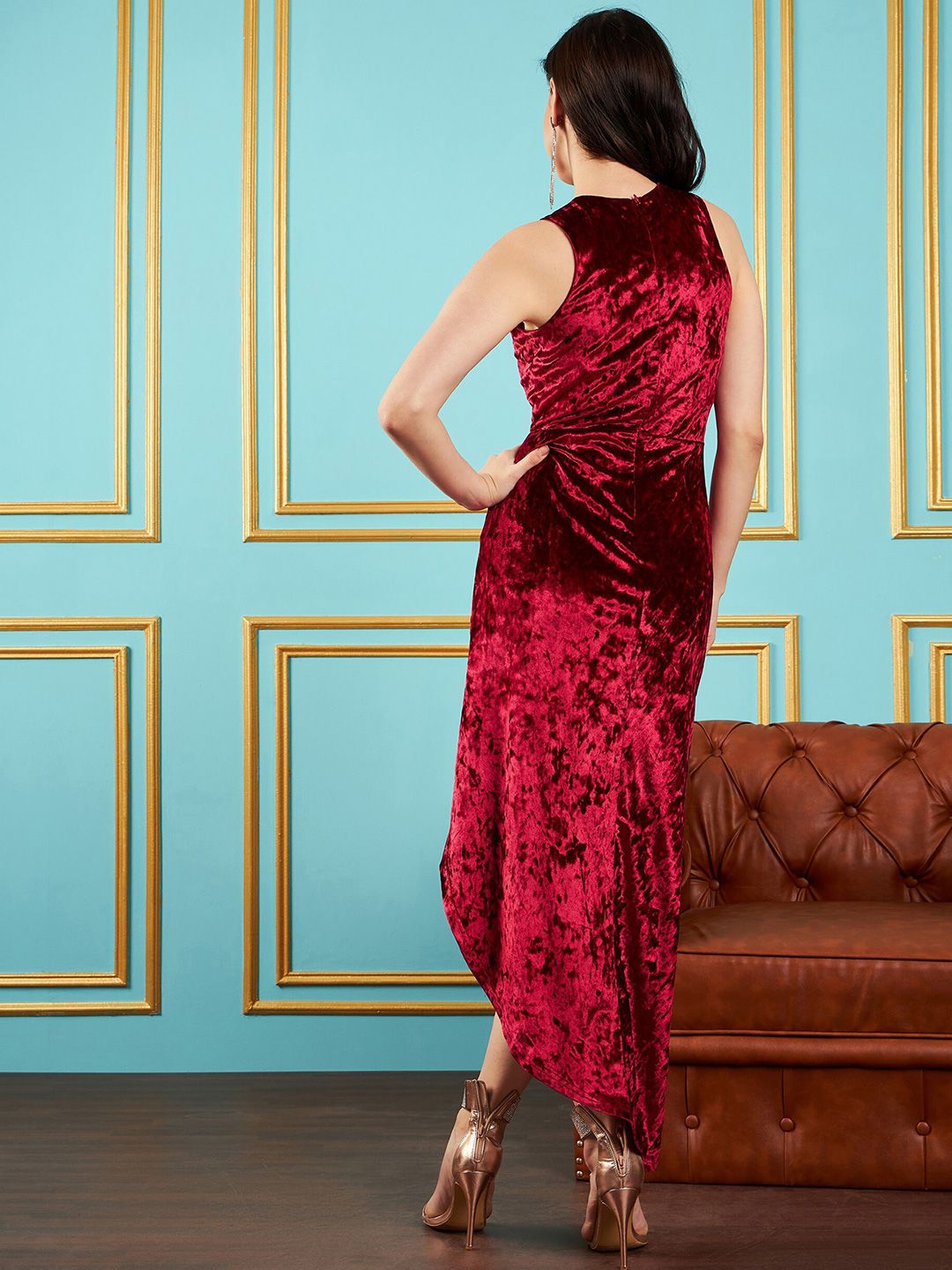 SASSAFRAS Maroon V-Neck Velvet Maxi Party Dress