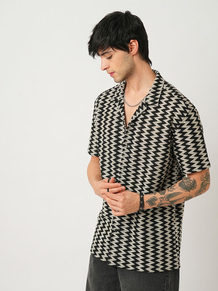 VASTRADO Men Classic Cuban Collar Chevron Printed Cotton Oversized Casual Shirt