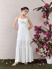 Berrylush White Self Design Ruffled Shoulder Straps Fit & Flare Maxi Dress
