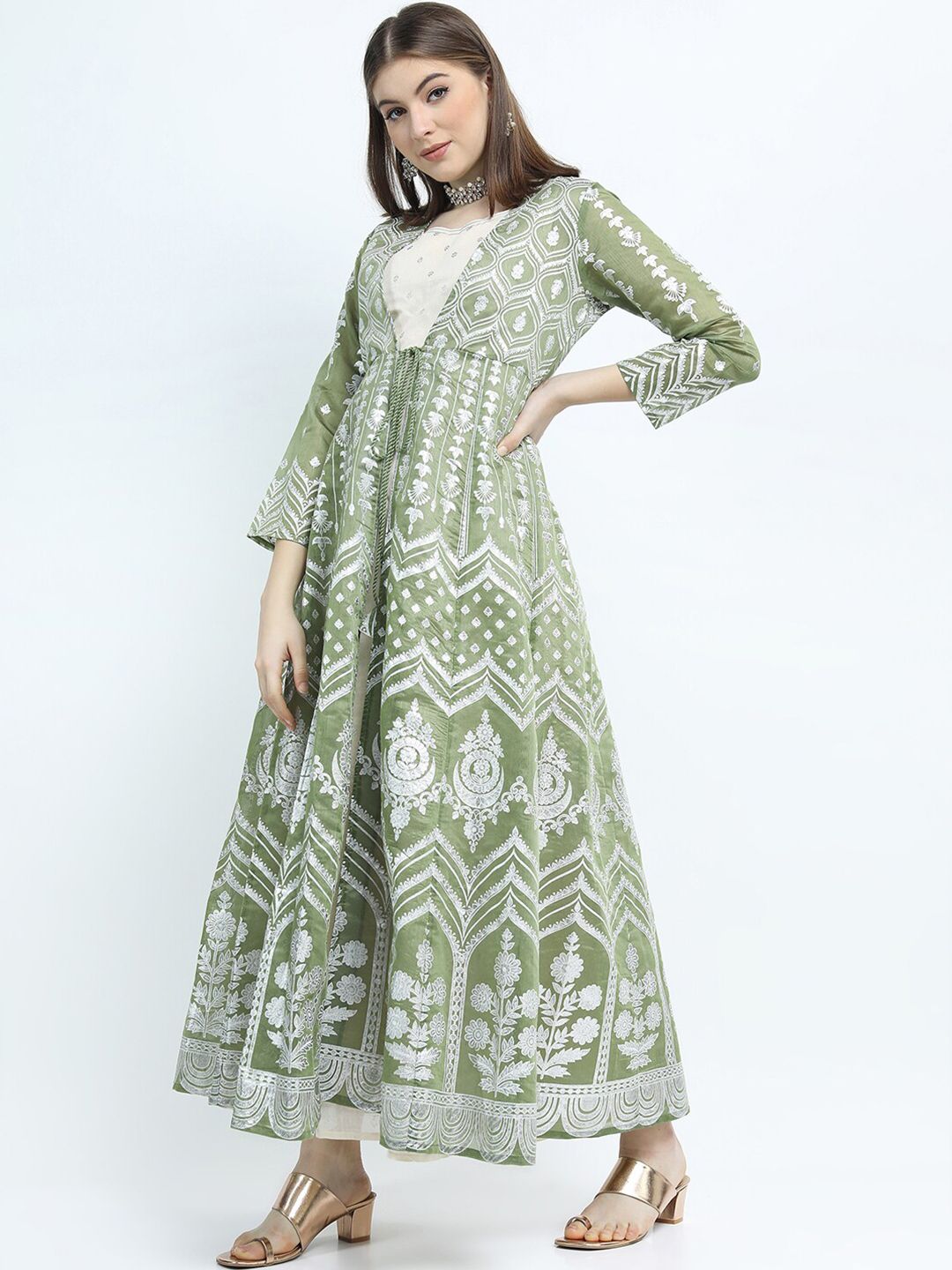 Vishudh Green Ethnic Motifs Ethnic Maxi Dress with Jacket