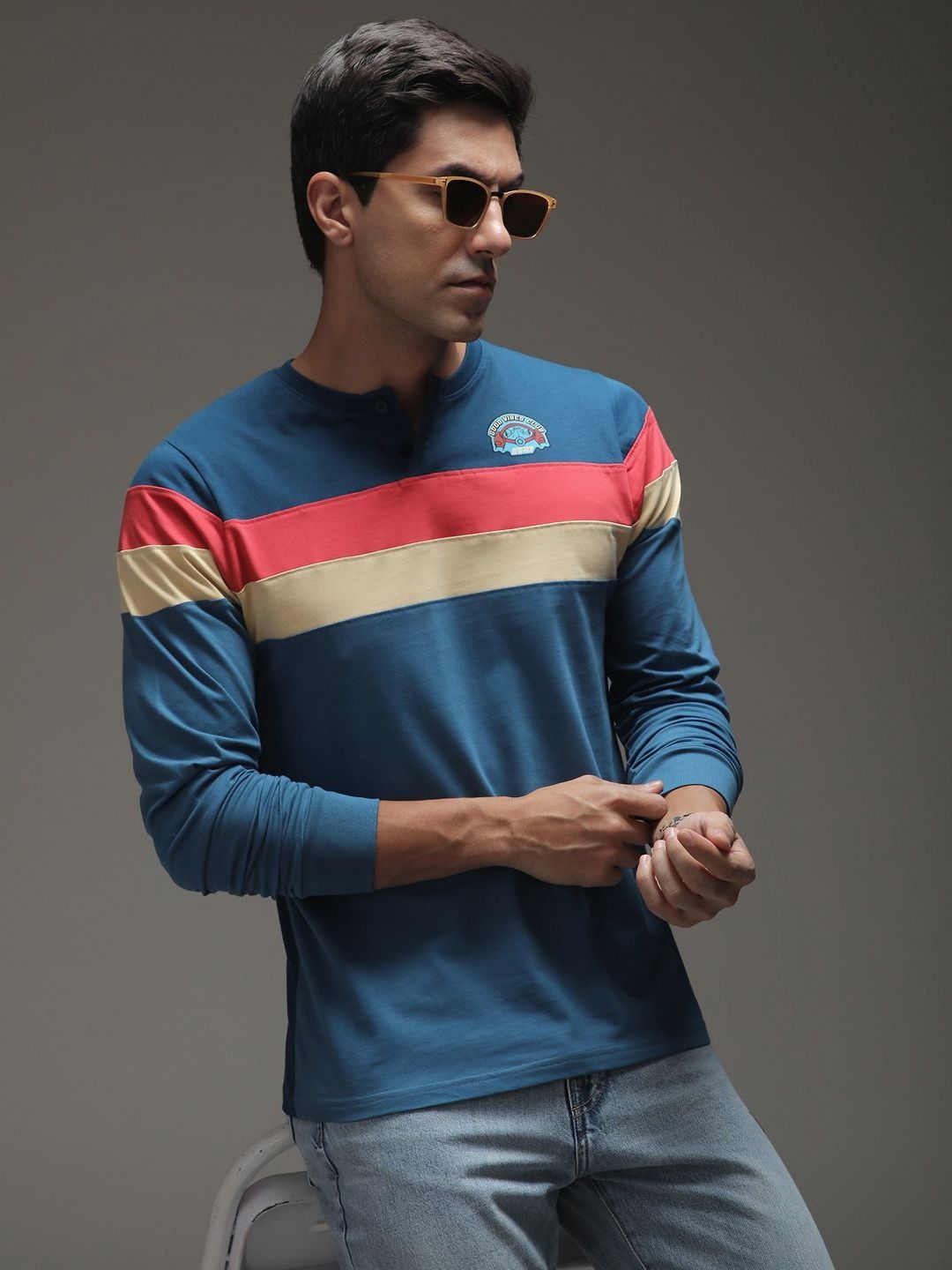 Difference Of Opinion Men Regular Fit Short Sleeve Printed Henley Tshirt
