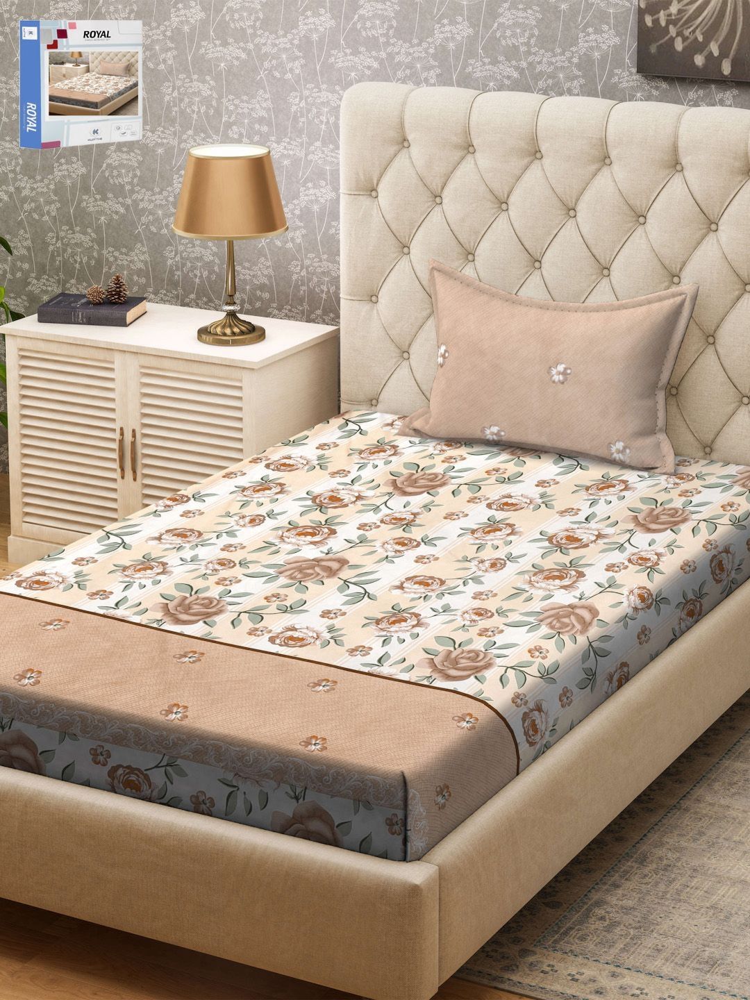 KLOTTHE Brown & White Floral Printed 300TC Single Bedsheet & 1Pillow Cover