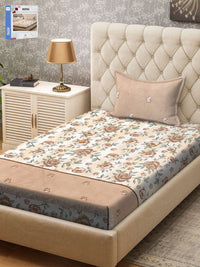 KLOTTHE Brown & White Floral Printed 300TC Single Bedsheet & 1Pillow Cover
