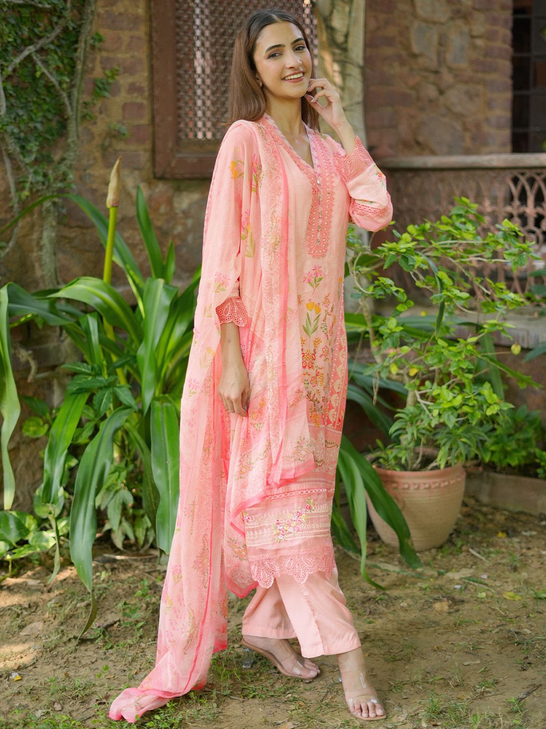 Libas Floral Printed V-Neck Long Sleeves Beads and Stones Kurta Set