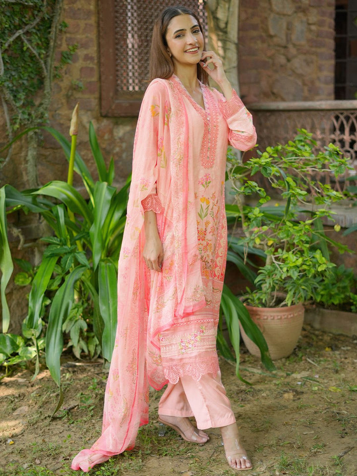 Libas Floral Printed V-Neck Long Sleeves Beads and Stones Kurta Set