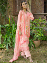 Libas Floral Printed V-Neck Long Sleeves Beads and Stones Kurta Set