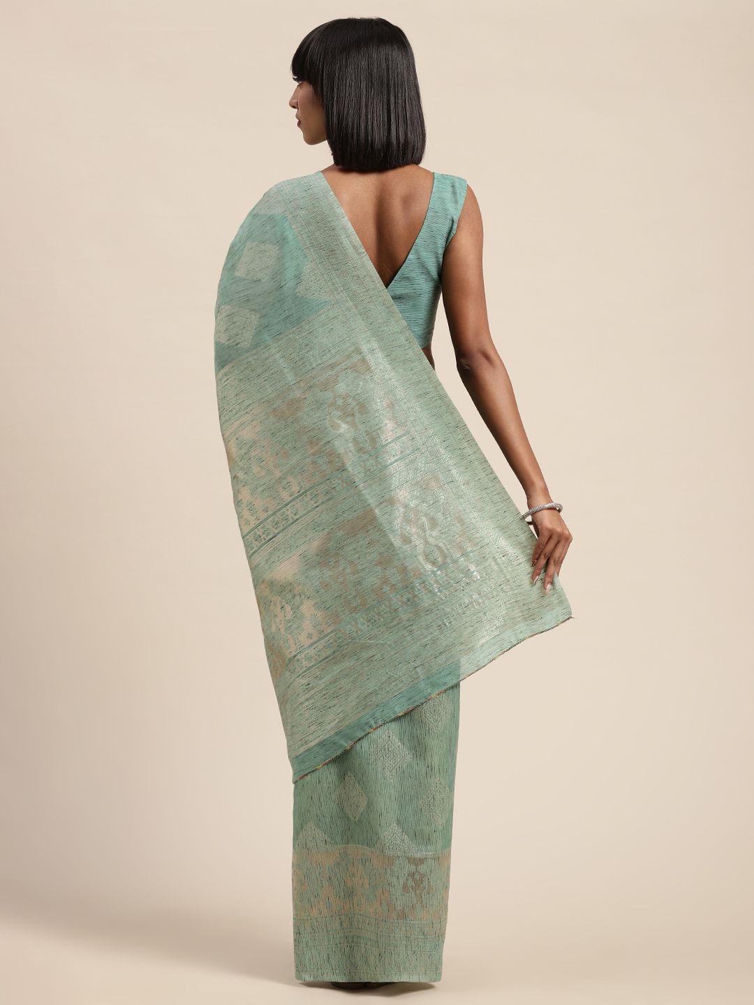 Saree mall Sea Green & Silver-Toned Linen Blend Woven Design Banarasi Saree