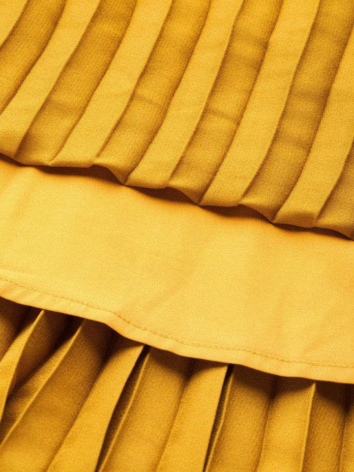 SASSAFRAS Mustard Yellow Accordion Pleated Satin Finish Flared Midi Skirt