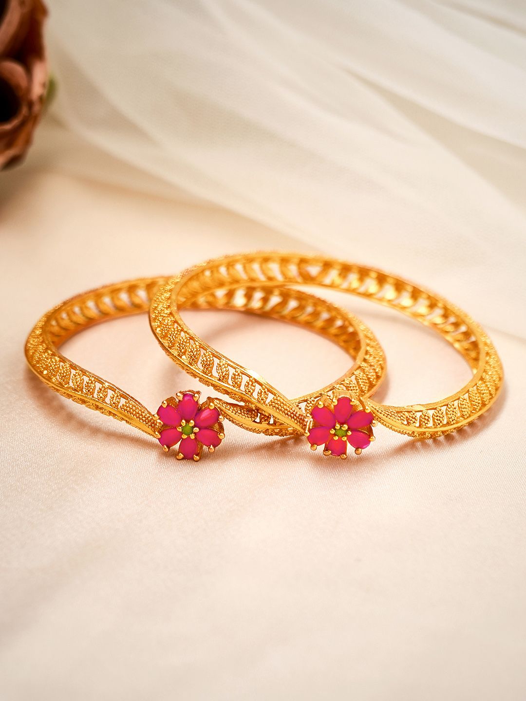 Rubans Set Of 2 Gold-Plated & Pink Stone-Studded Bangles