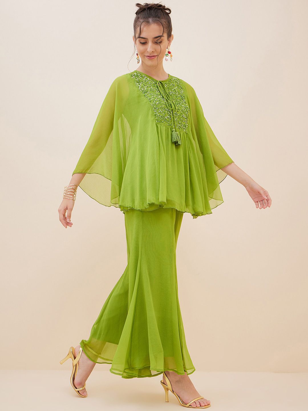 Antheaa Tie-Up Neck Extended Sleeves Beads and Stones Kaftan Top With Palazzos