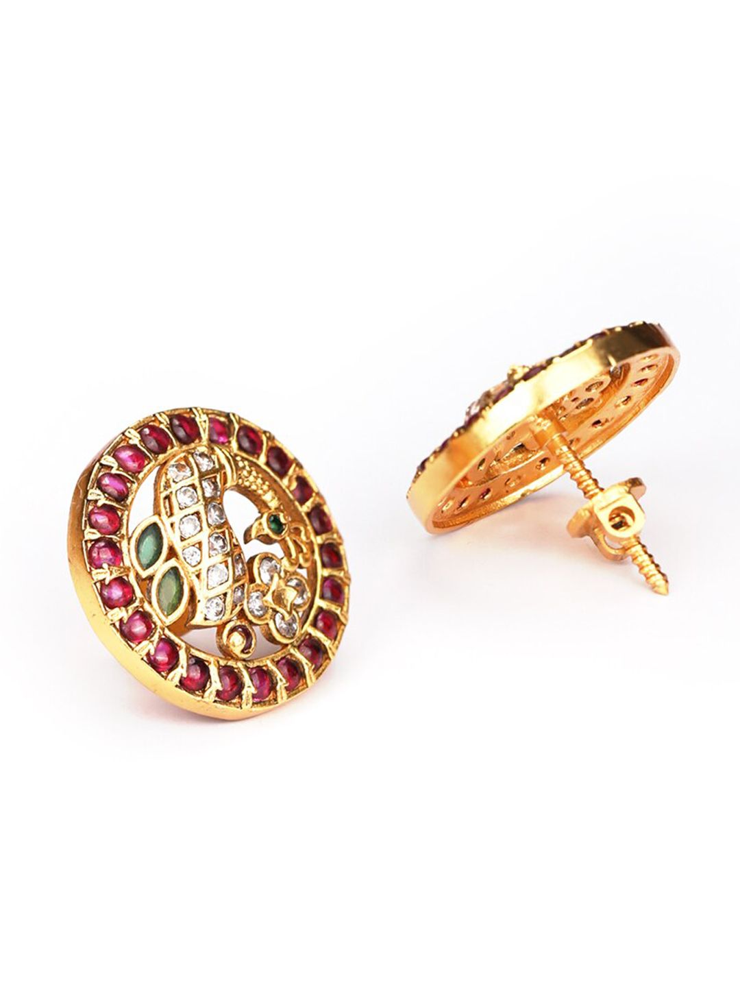 Priyaasi American Diamond Maroon Gold Plated Peacock Contemporary Stud Earrings
