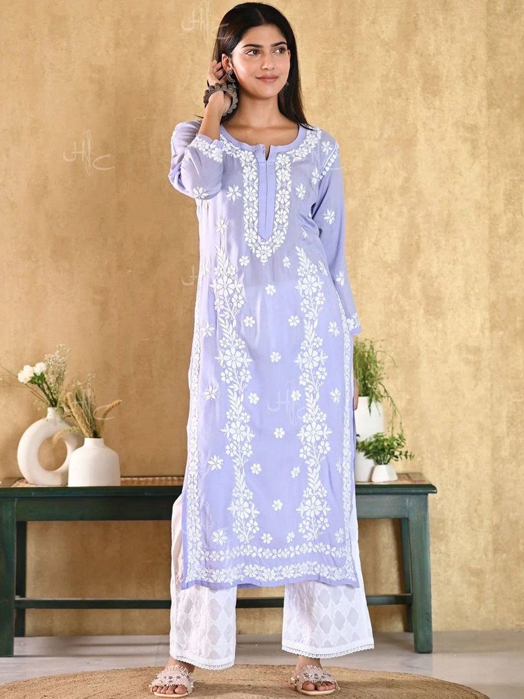 Rumah Wanita Chikankari Kurta Sulam Bunga