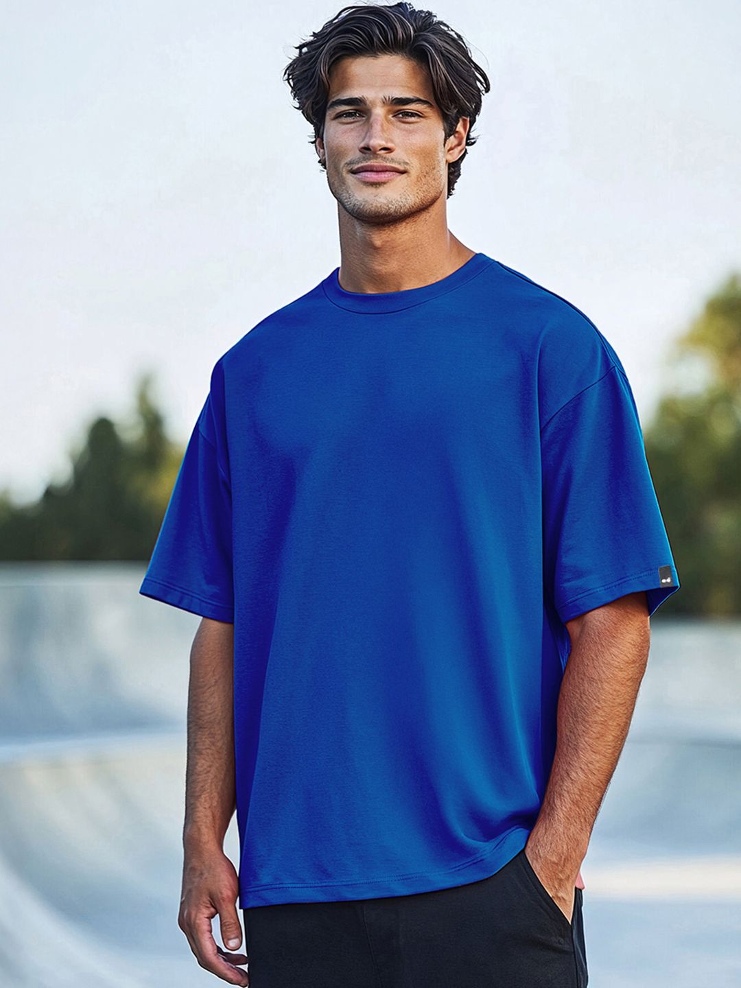 Bewakoof Men Blue Drop-Shoulder Sleeves Pure Cotton Oversized T-shirt