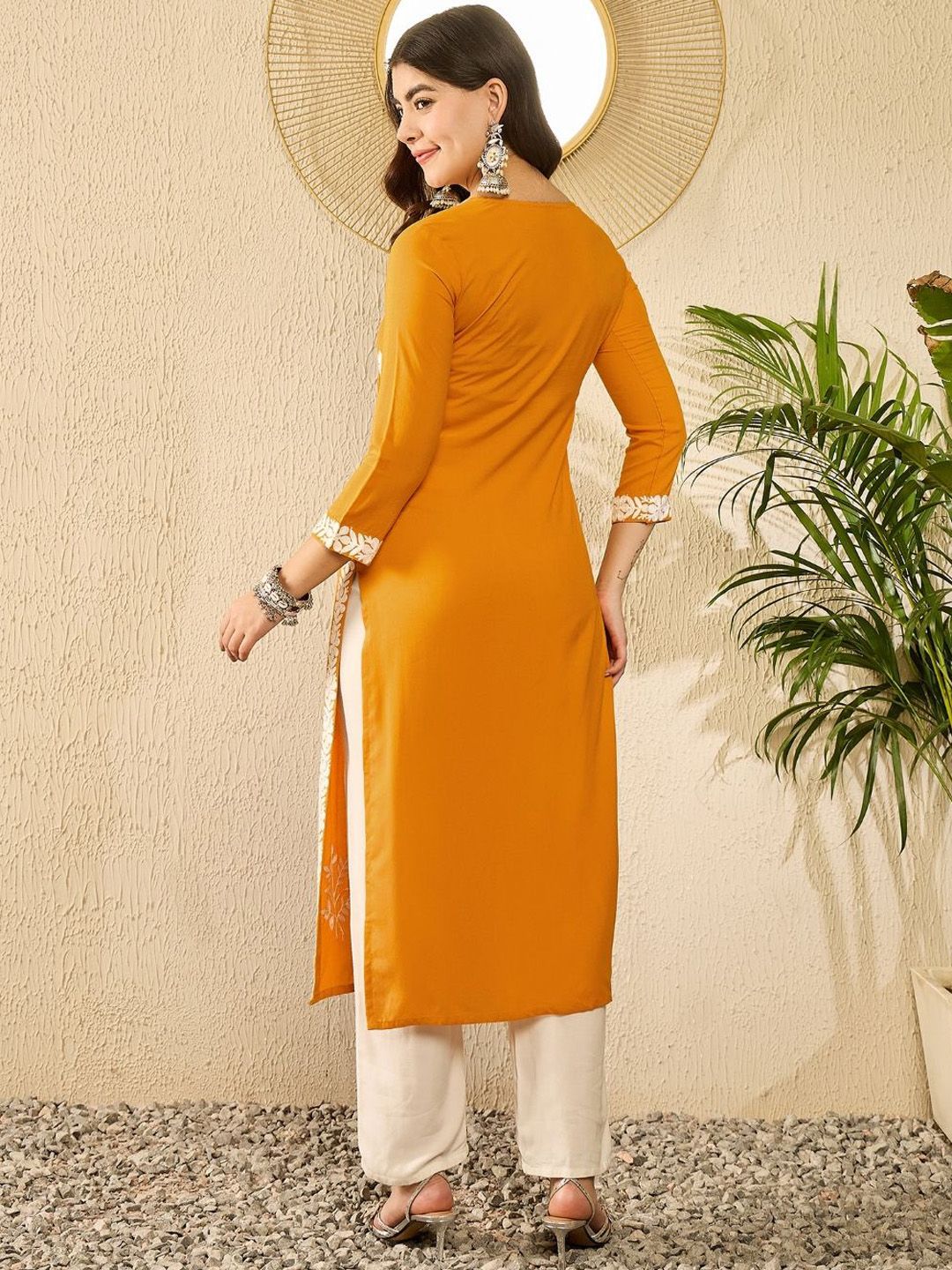 KALINI Floral Embroidered Round Neck Thread Work Straight Kurta