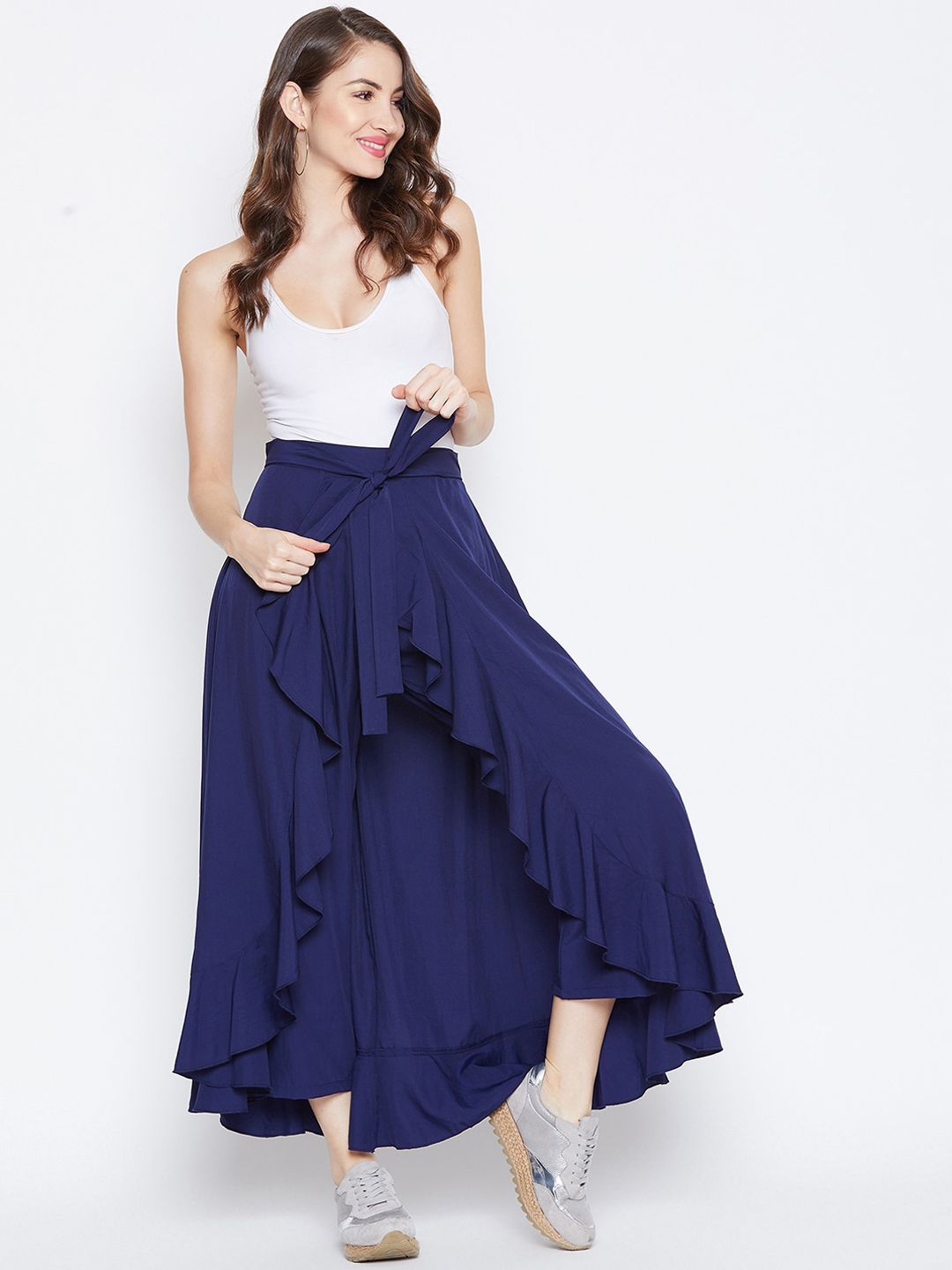 Berrylush Women Navy Blue Solid Ruffle Wrap Maxi Skirt
