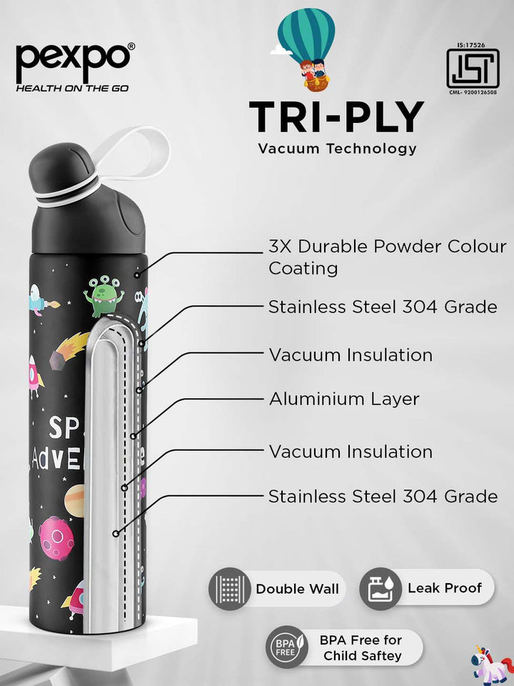 Pexpo Black Printed Stainless Steel Double Wall Vacuum Water Bottle 470ml
