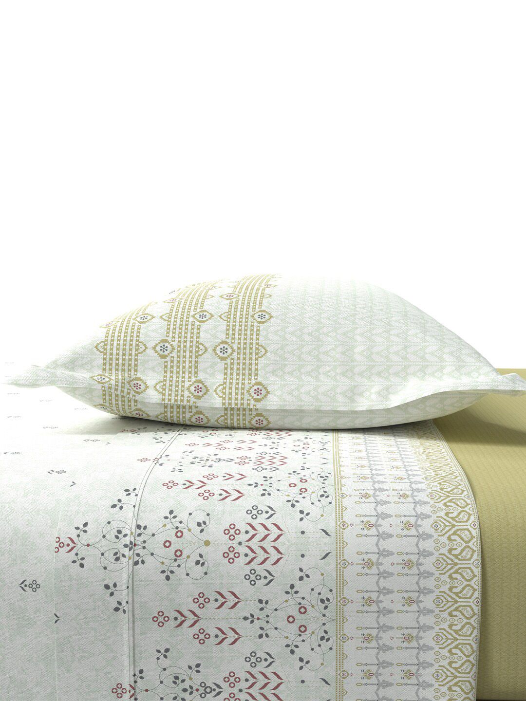 MYTRIDENT Jamdani Green Sanskriti Flat 144TC King Cotton Bedsheet Set