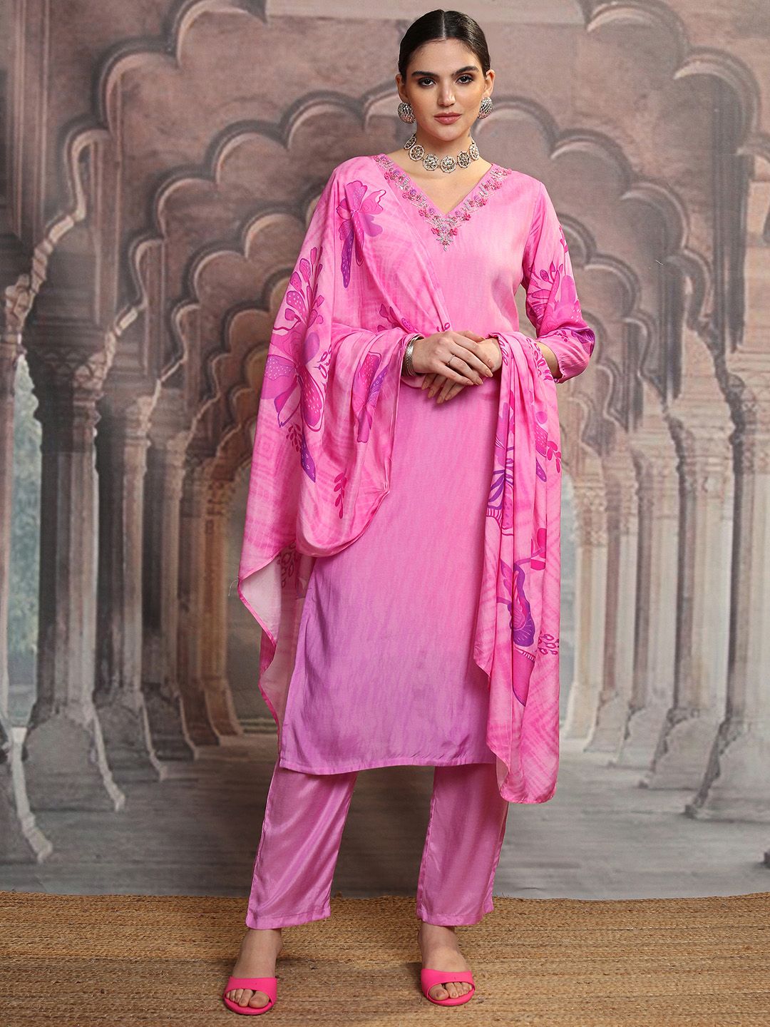 Vishudh Pink Floral Yoke Design Thread Work Straight Kurta With Trousers & Dupatta