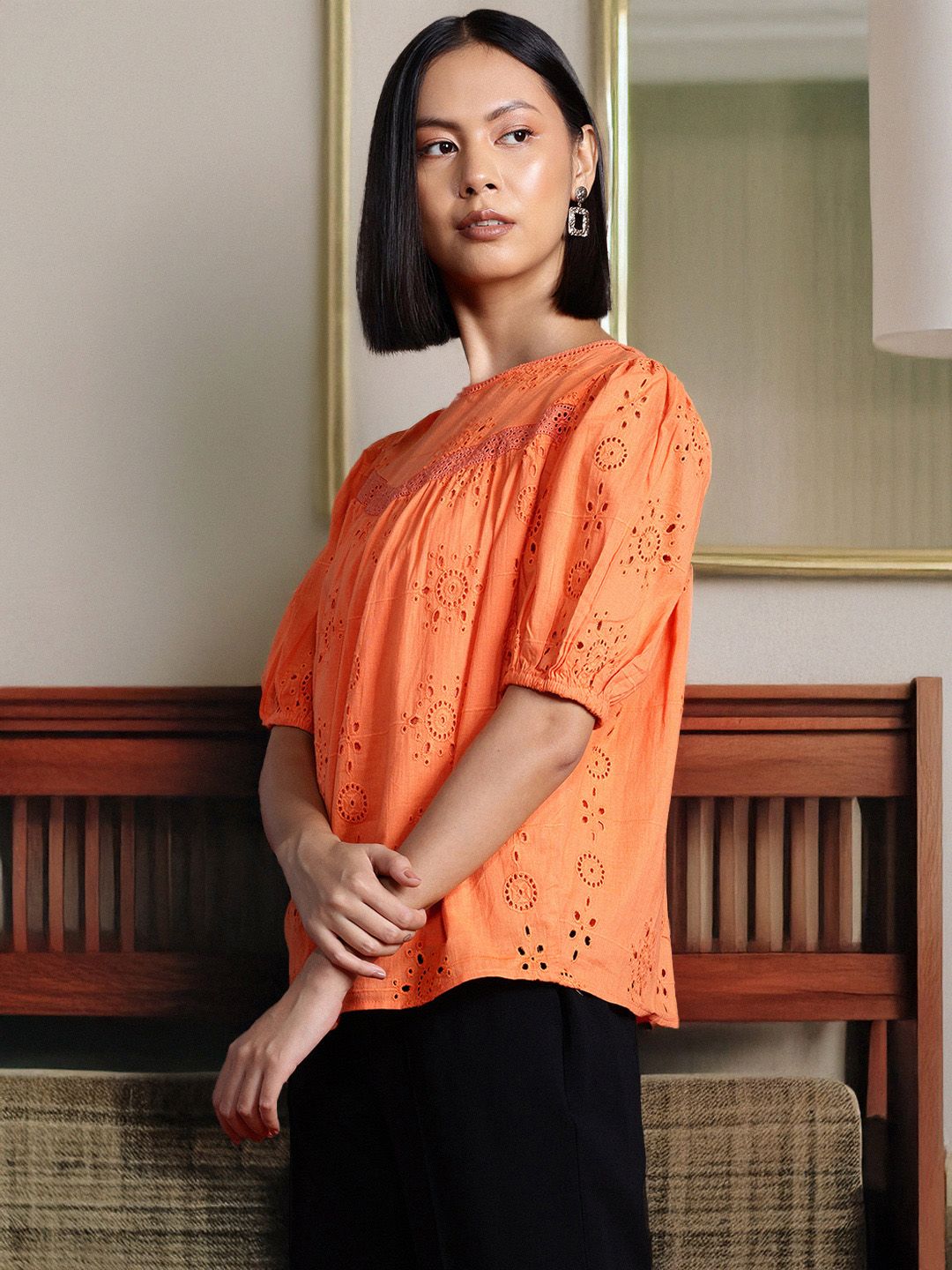 all about you Embroidered Puff Sleeve Cotton Top