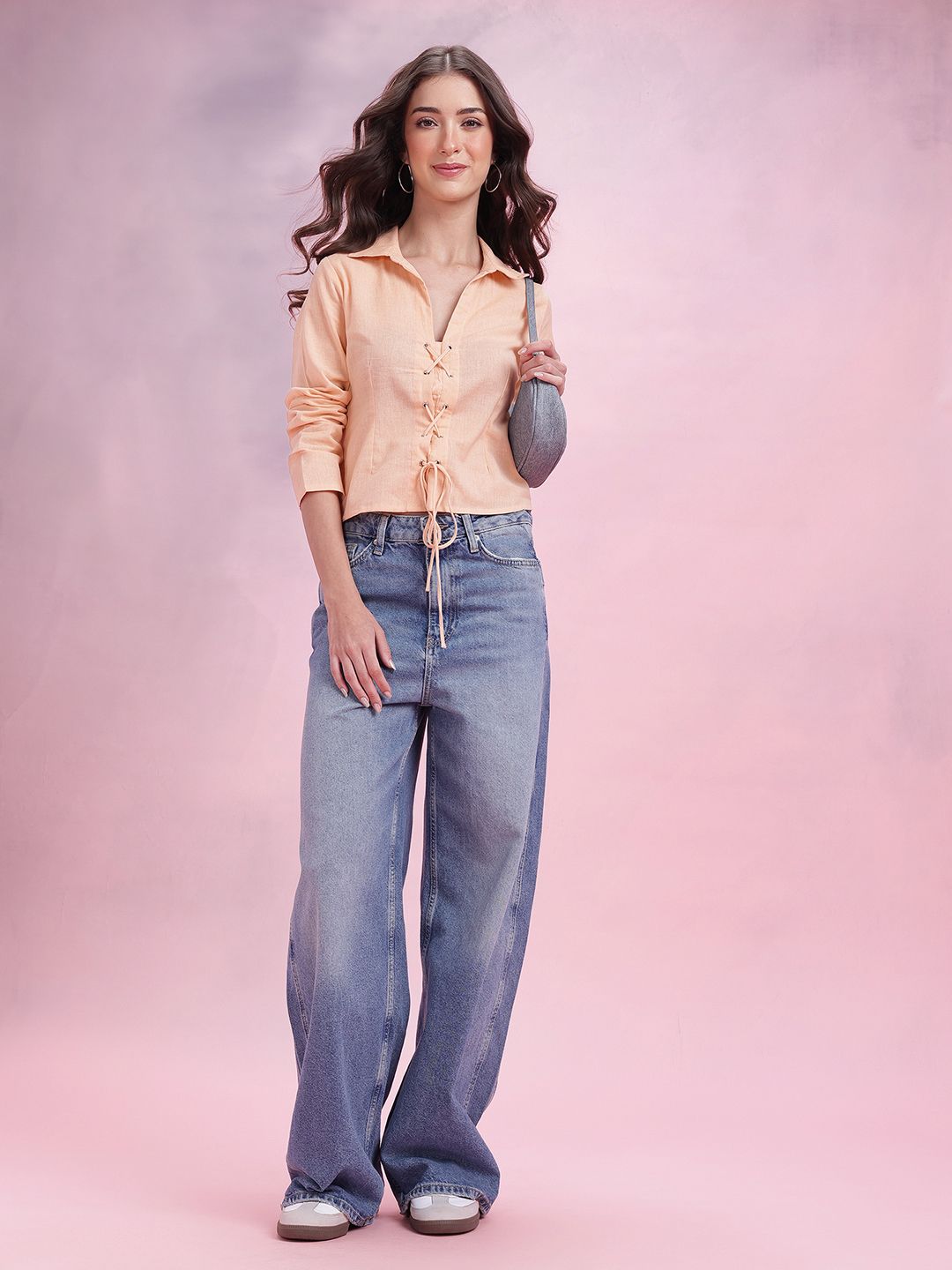 DressBerry Cotton Linen Tie-Up Back Shirt Style Top