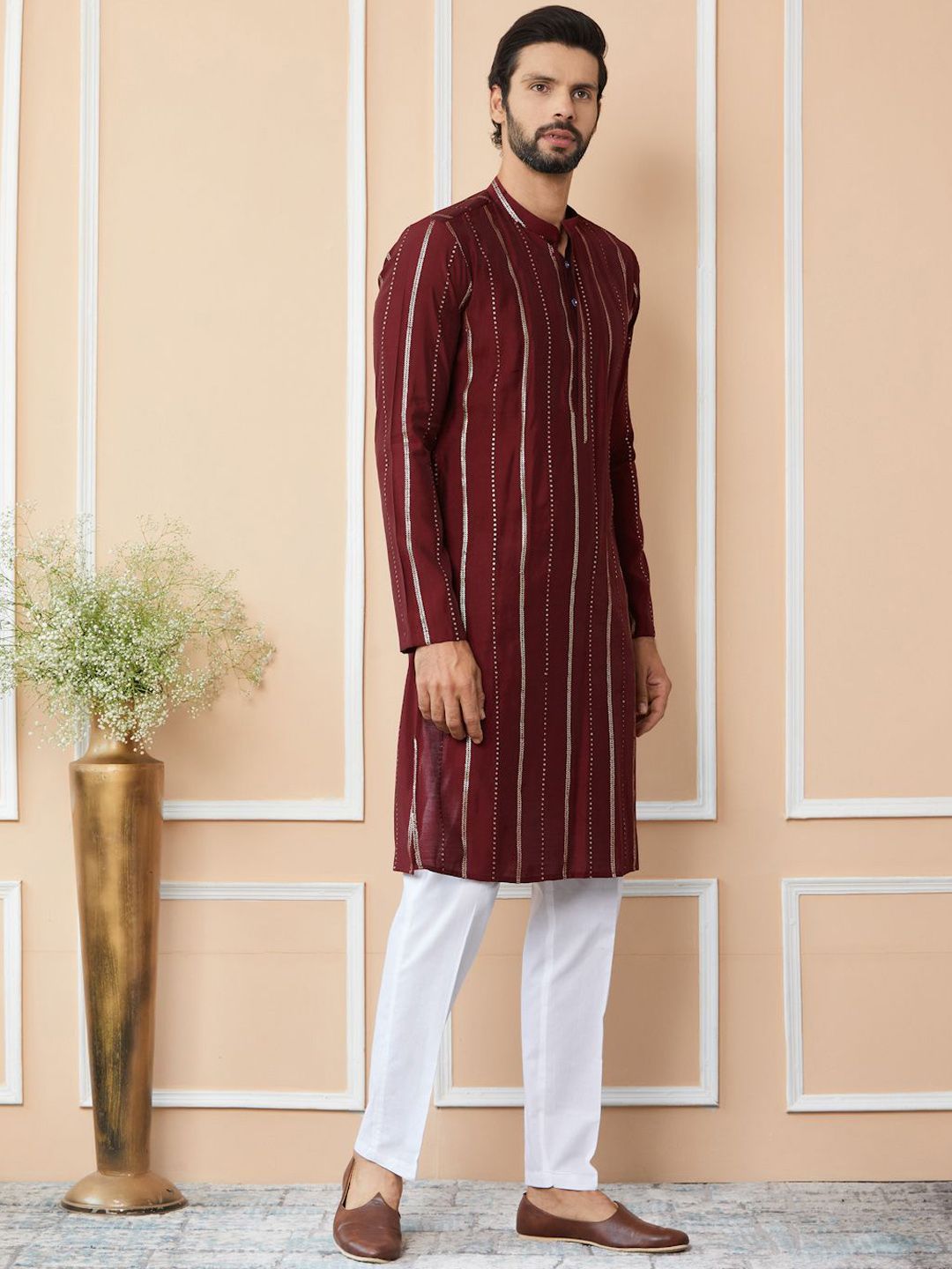 See Designs Striped Mandarin Collar Thread Work Straight Kurta With Trousers