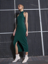 SASSAFRAS Green High Neck Sheath Midi Dress