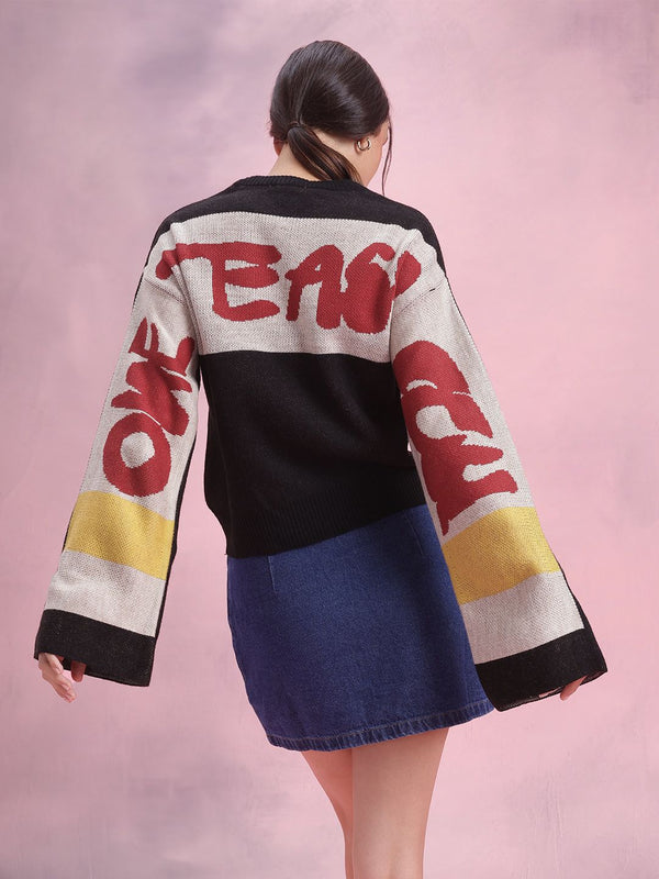 DressBerry Typography Colourblocked Flared Sleeve Pullover