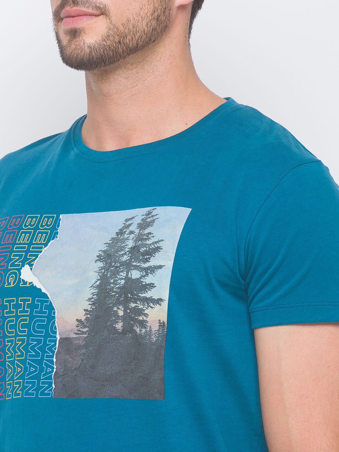 Being Human Men Blue & Yellow Printed Round Neck Cotton T-shirt