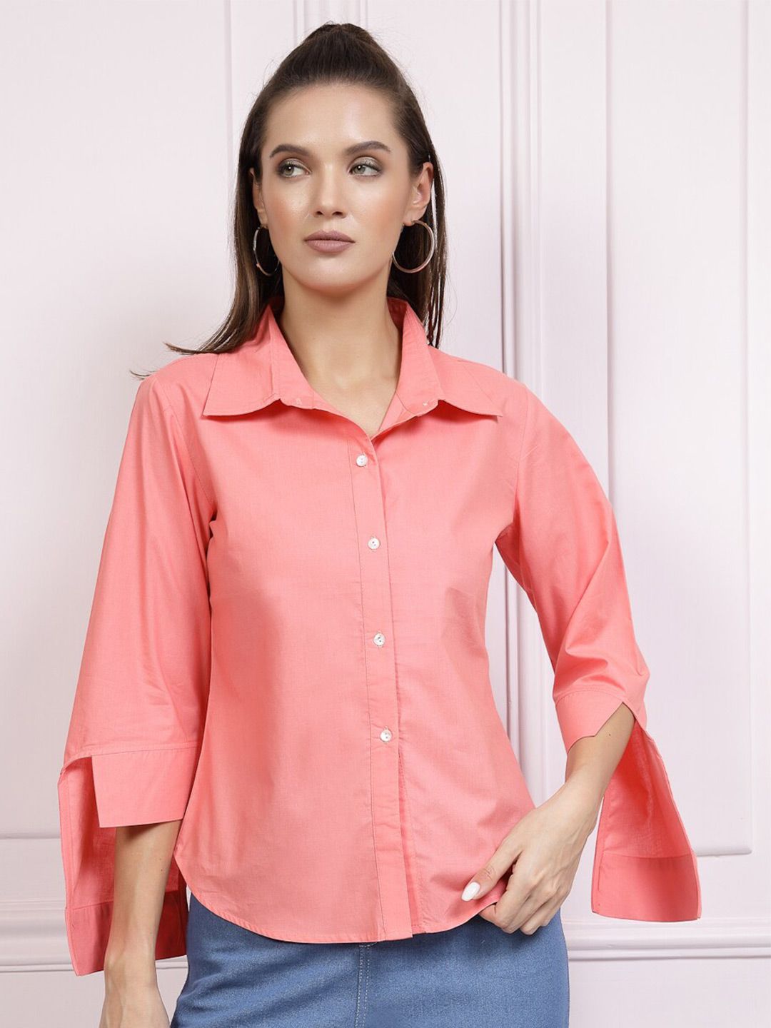 Athena Tinggi Cuffed Cuffed Cotton Shirt Gaya Baju Atas