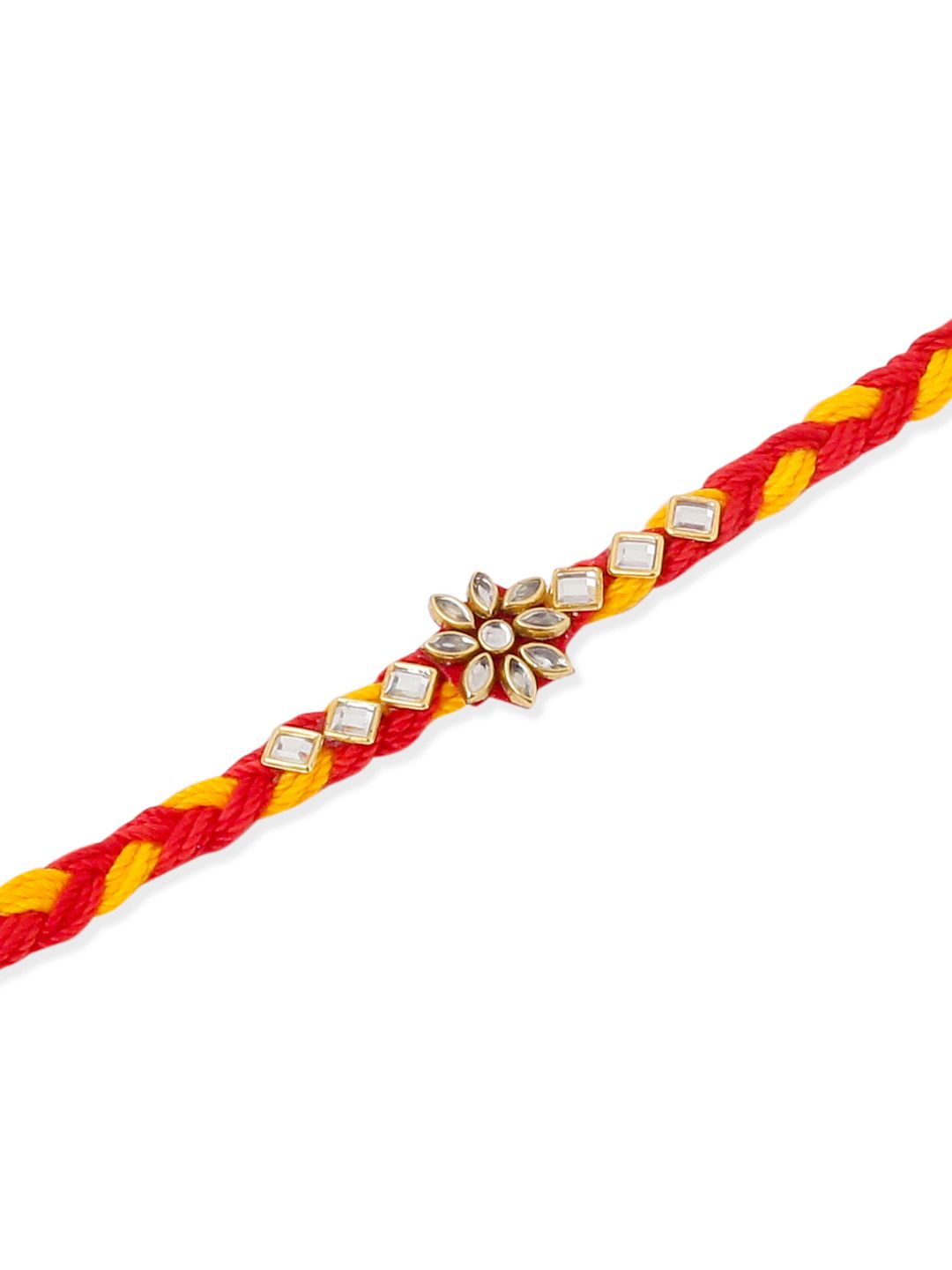 NVR Unisex Set of 6 Kundan Studded Floral Thread Rakhi with Roli Chawal Chandan Mishri