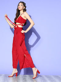Berrylush Women Lovely Red Solid Top with Trousers