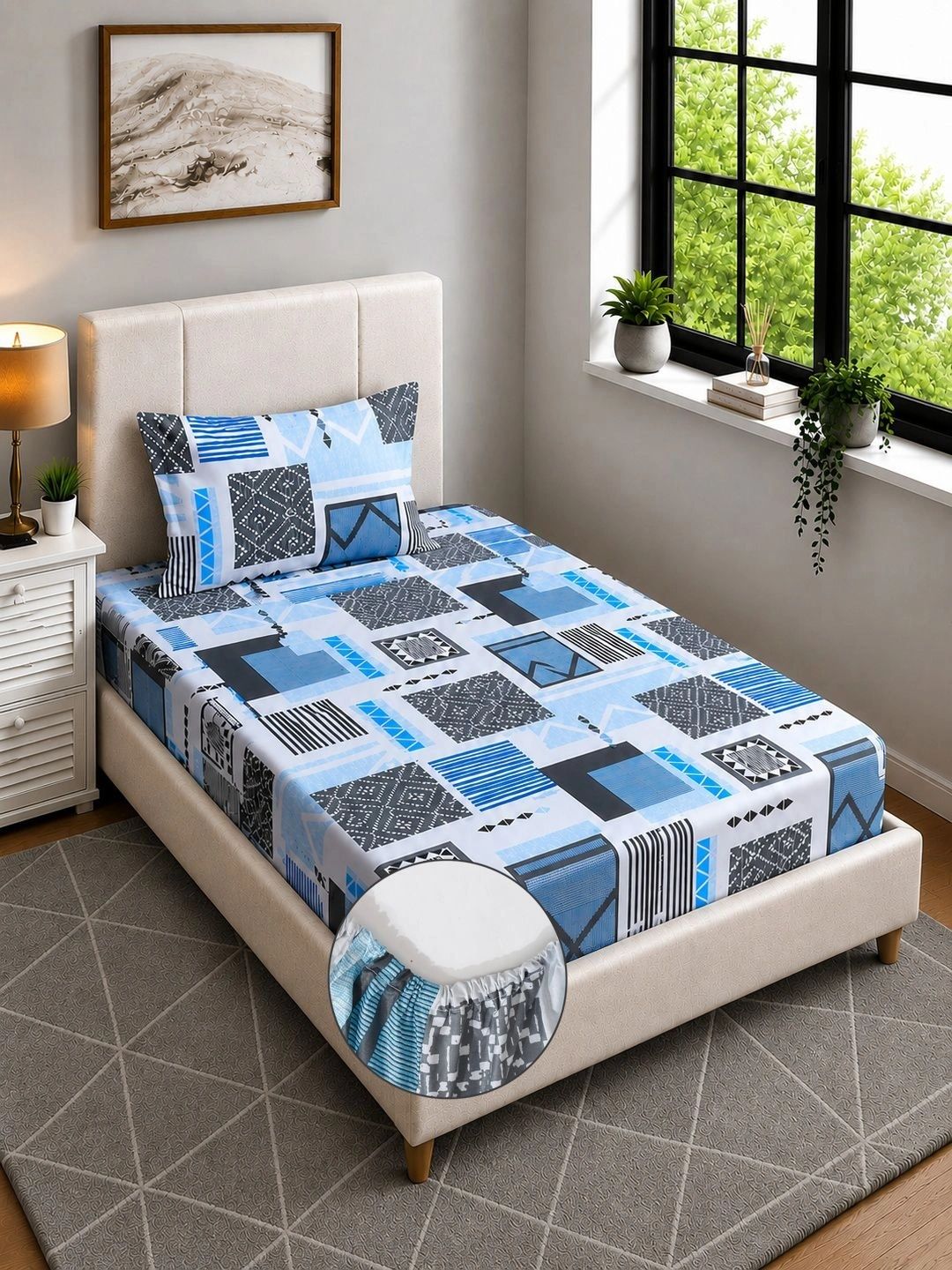 Moda Rapido X KLOTTHE Blue & Black Geometric 400 TC Single Bedsheet with 1 Pillow Covers
