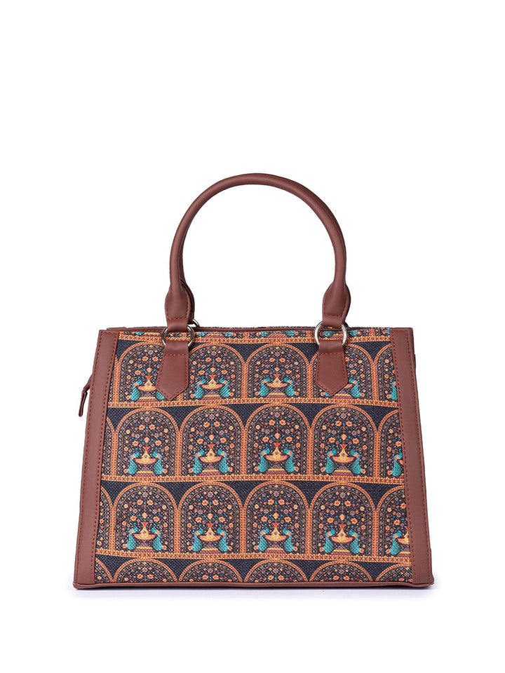 ZOUK Ethnic Motifs Printed Structured Jute Handheld Bag