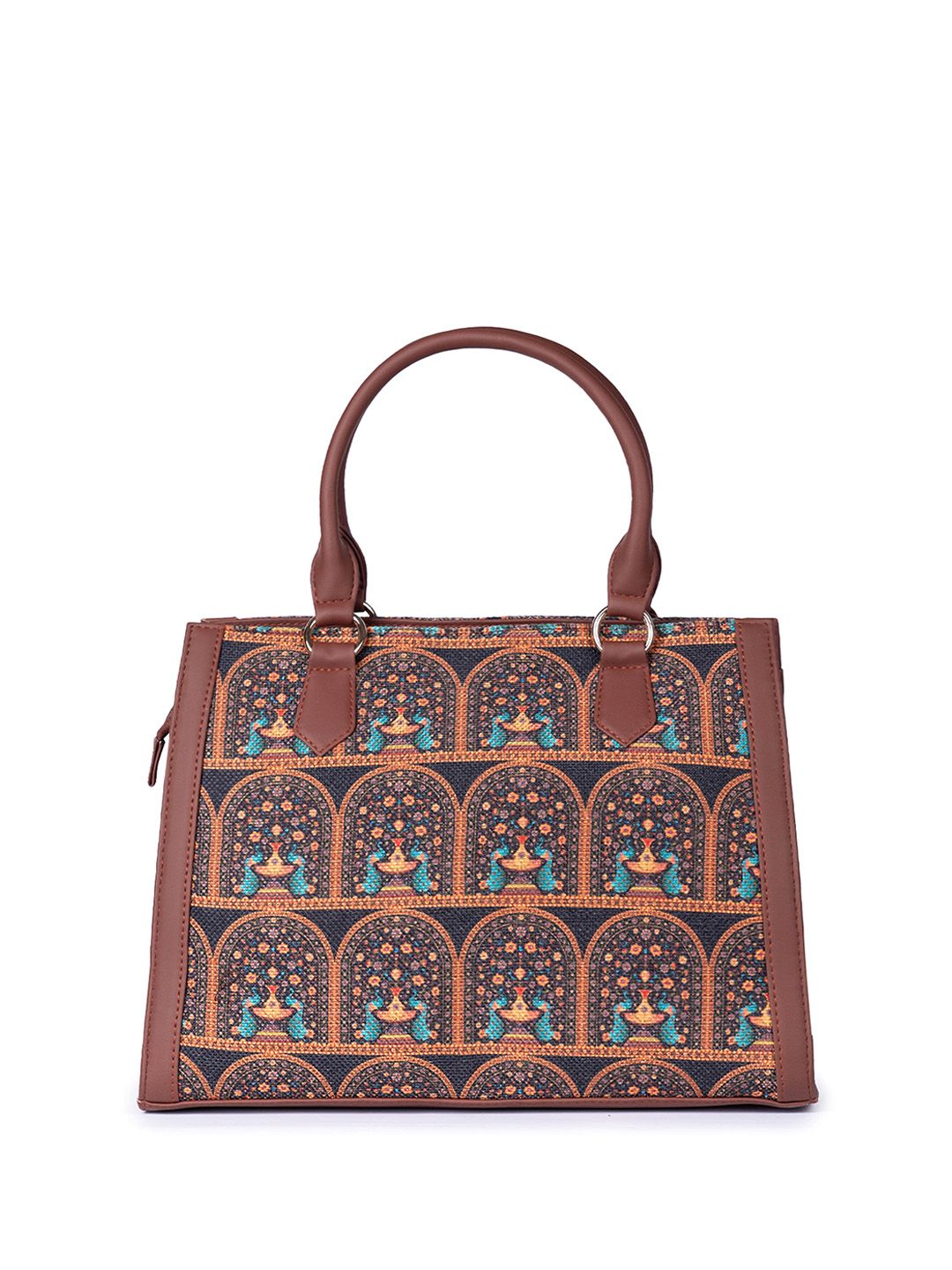 ZOUK Ethnic Motifs Printed Structured Jute Handheld Bag