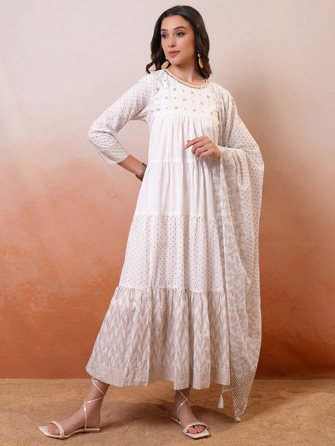 Vishudh Embroidered Tiered Maxi Dress Set With Dupatta